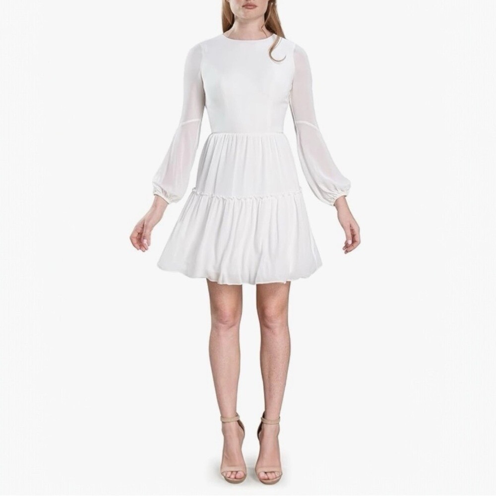 DRESS‎ THE POPULATION Open-Back Paola Fit & Flare White Cocktail Mini Dress, SM